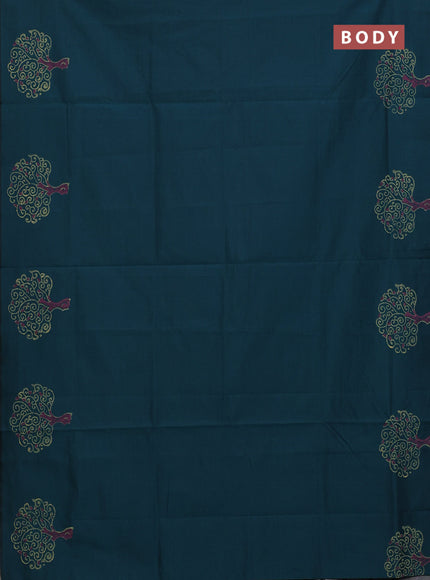 Semi silk cotton saree peacock green and peach pink with butta prints in borderless style