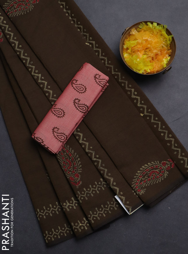 Semi silk cotton saree brown shade and pink shade with butta prints in borderless style