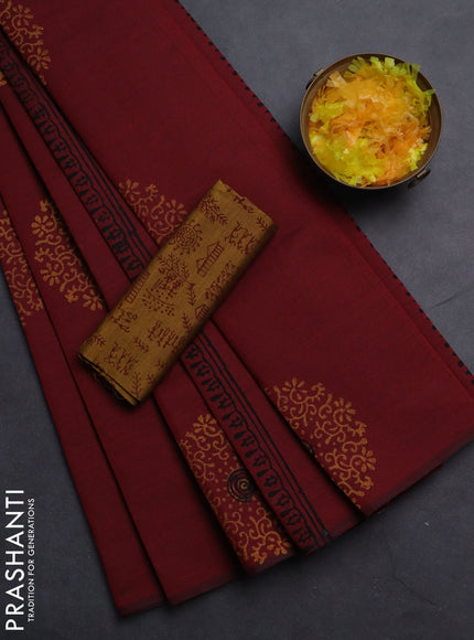 Semi silk cotton saree maroon and dark mustard with butta prints in borderless style