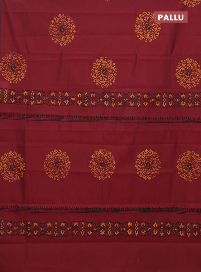 Semi silk cotton saree maroon and dark mustard with butta prints in borderless style