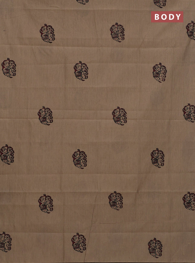 Semi silk cotton saree beige and maroon with elephant butta prints in borderless style