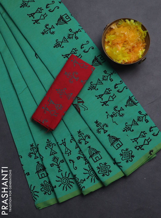 Semi silk cotton saree teal green and red with warli butta prints and printed border