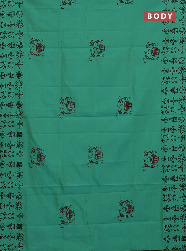 Semi silk cotton saree teal green and red with warli butta prints and printed border