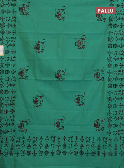 Semi silk cotton saree teal green and red with warli butta prints and printed border