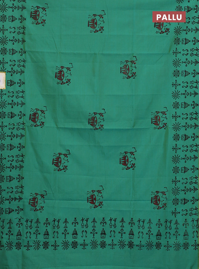 Semi silk cotton saree teal green and red with warli butta prints and printed border