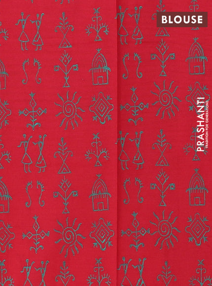 Semi silk cotton saree teal green and red with warli butta prints and printed border