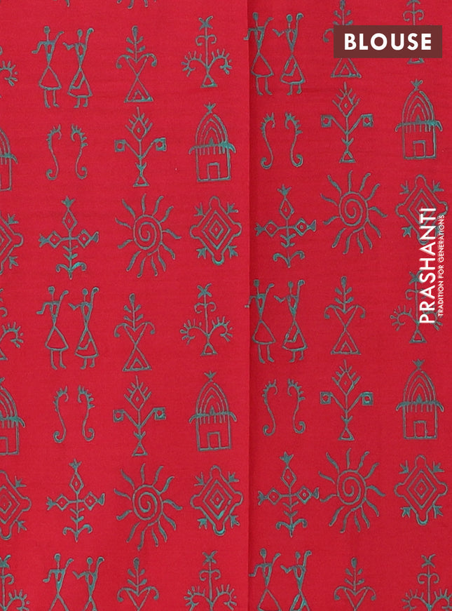 Semi silk cotton saree teal green and red with warli butta prints and printed border