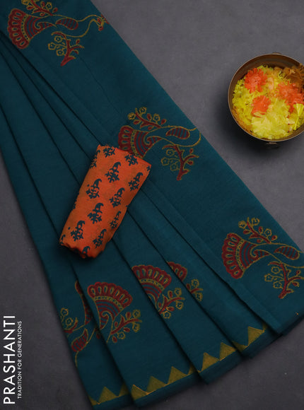 Semi silk cotton saree peacock green and orange with butta prints and printed border