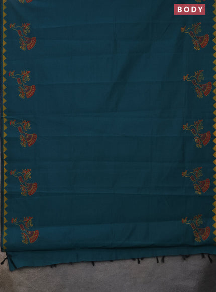 Semi silk cotton saree peacock green and orange with butta prints and printed border
