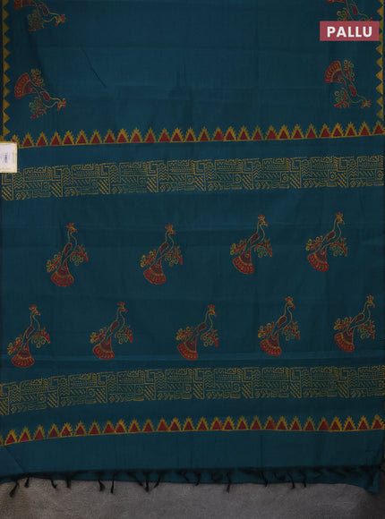 Semi silk cotton saree peacock green and orange with butta prints and printed border