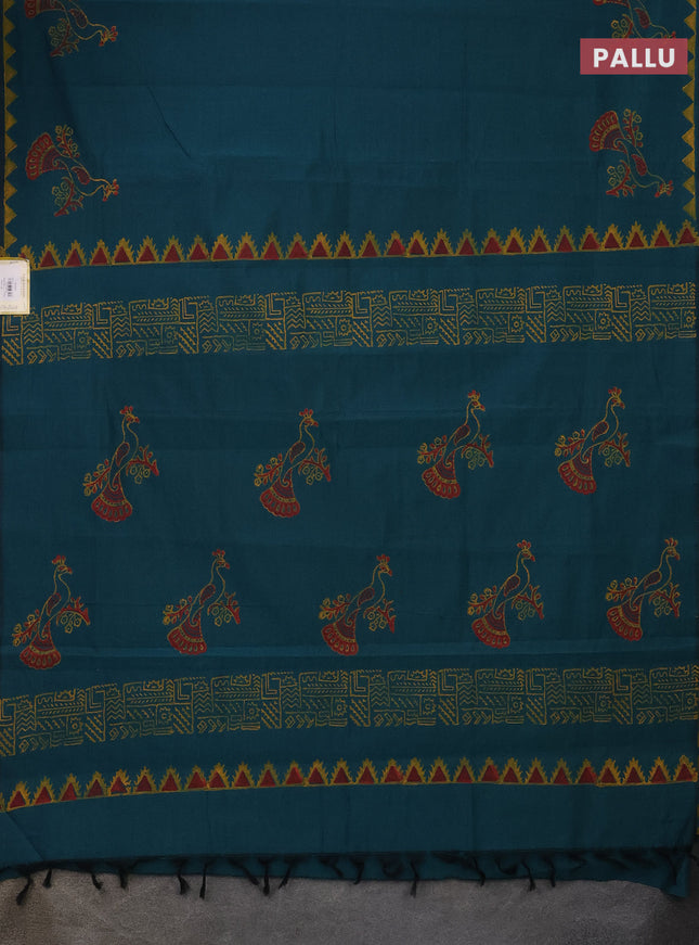 Semi silk cotton saree peacock green and orange with butta prints and printed border
