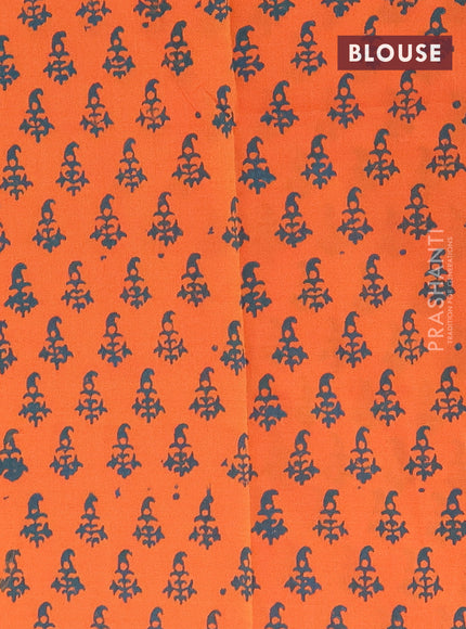 Semi silk cotton saree peacock green and orange with butta prints and printed border