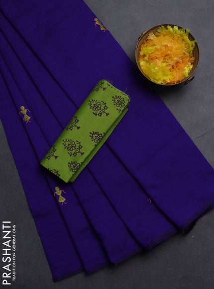 Semi silk cotton saree blue and light green with embroided buttas in borderless style