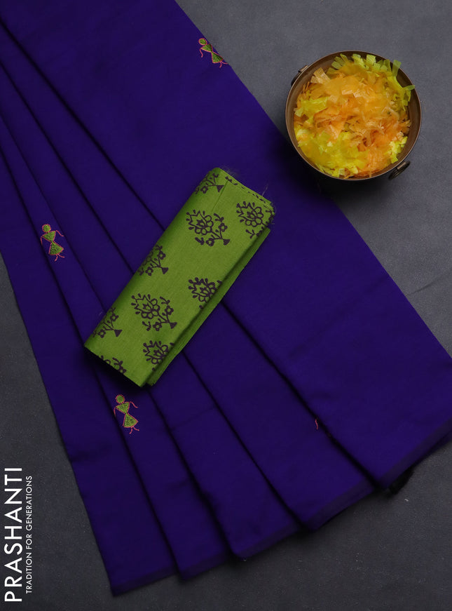 Semi silk cotton saree blue and light green with embroided buttas in borderless style