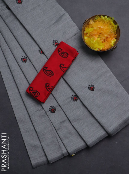 Semi silk cotton saree grey and black with embroided buttas in borderless style