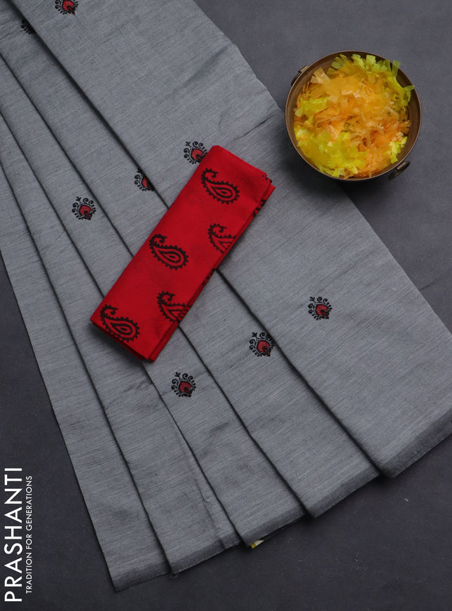 Semi silk cotton saree grey and black with embroided buttas in borderless style
