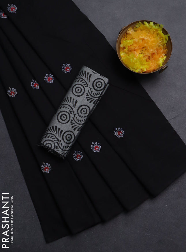 Semi silk cotton saree black and grey with embroided buttas in borderless style