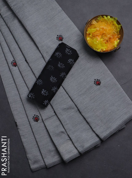 Semi silk cotton saree grey and black with embroided buttas in borderless style