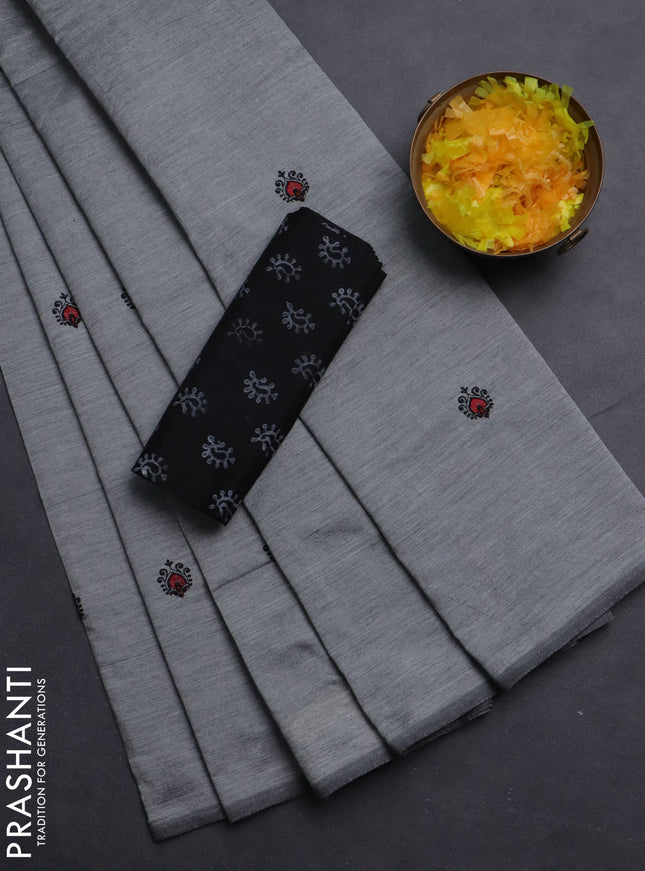 Semi silk cotton saree grey and black with embroided buttas in borderless style