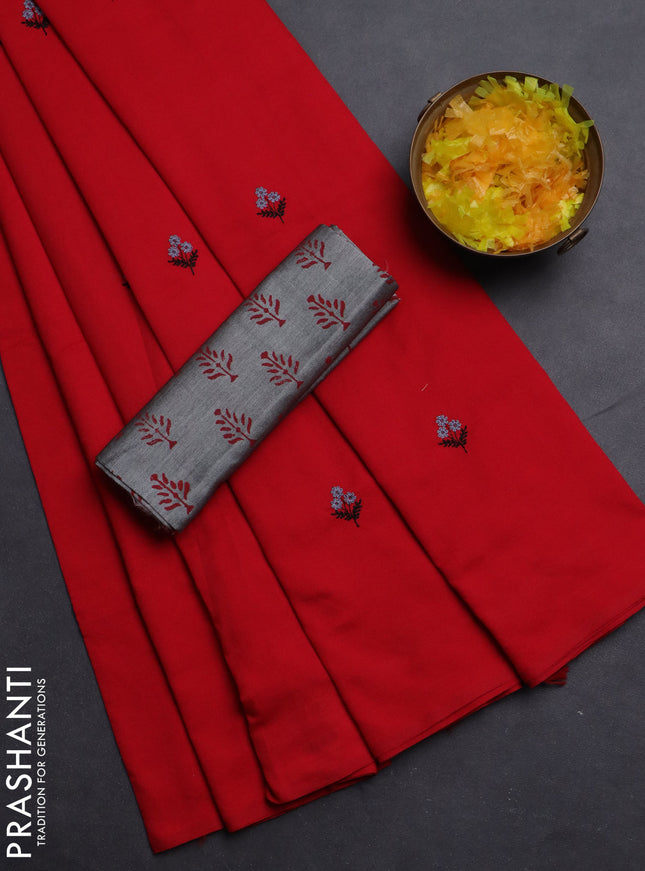 Semi silk cotton saree red and grey with embroided buttas in borderless style