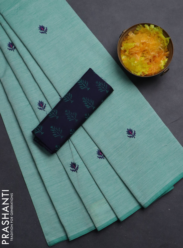 Semi silk cotton saree teal green shade and navy blue with embroided buttas in borderless style