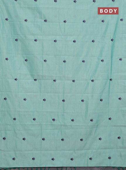Semi silk cotton saree teal green shade and navy blue with embroided buttas in borderless style