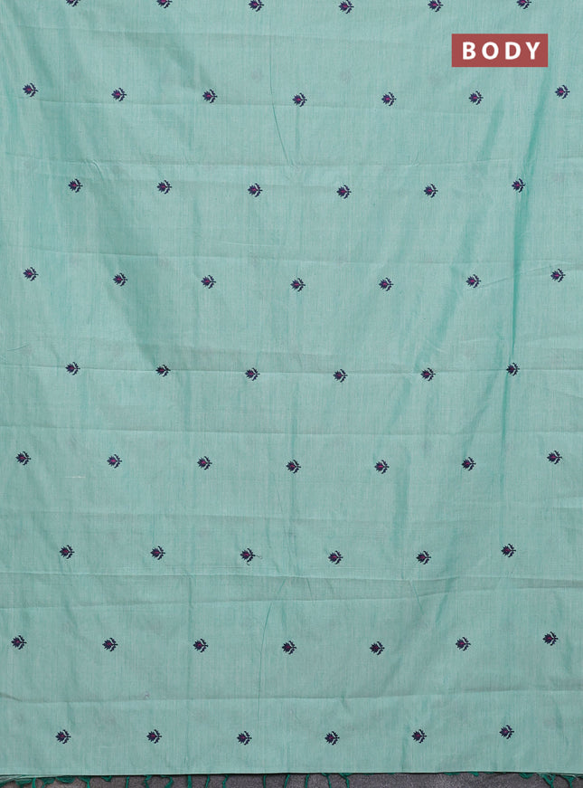 Semi silk cotton saree teal green shade and navy blue with embroided buttas in borderless style
