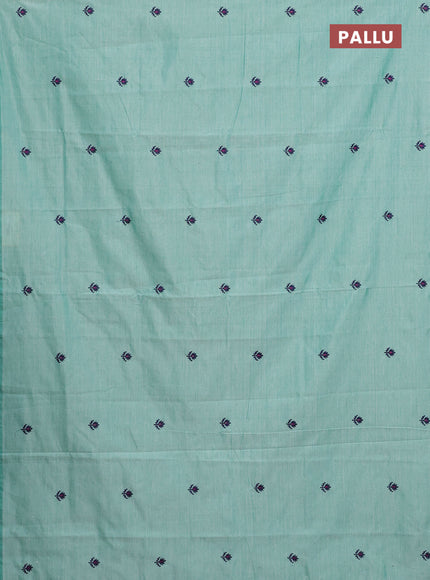 Semi silk cotton saree teal green shade and navy blue with embroided buttas in borderless style