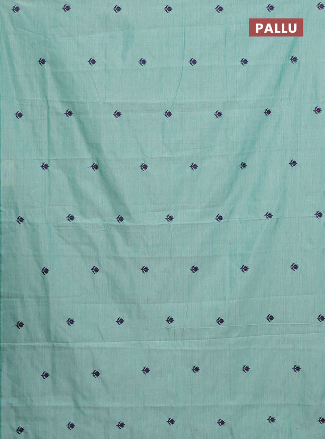 Semi silk cotton saree teal green shade and navy blue with embroided buttas in borderless style