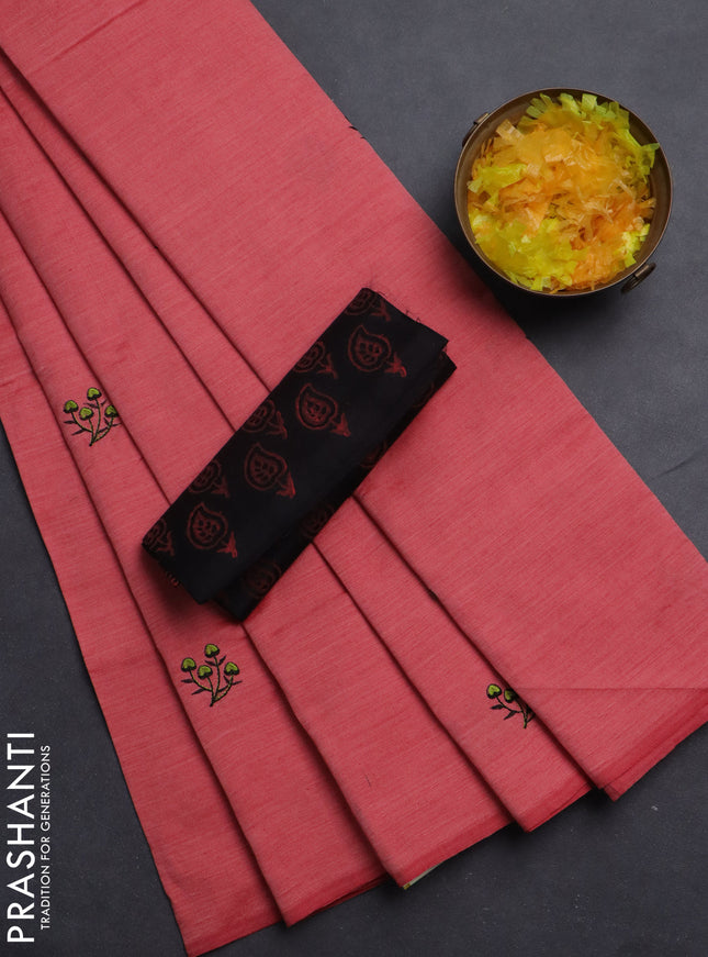 Semi silk cotton saree peach pink and black with embroided buttas in borderless style