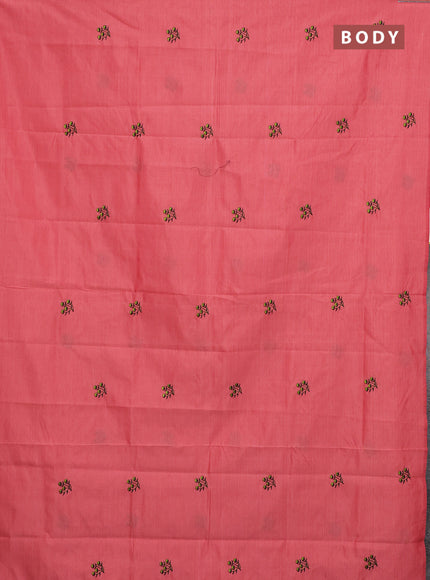 Semi silk cotton saree peach pink and black with embroided buttas in borderless style