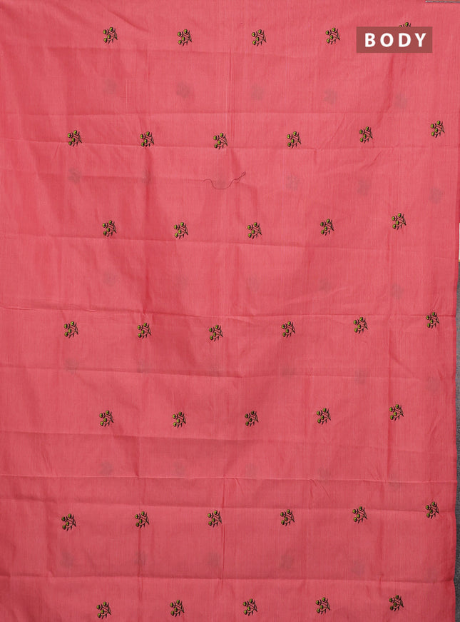 Semi silk cotton saree peach pink and black with embroided buttas in borderless style