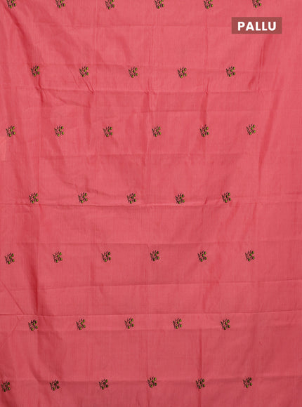 Semi silk cotton saree peach pink and black with embroided buttas in borderless style