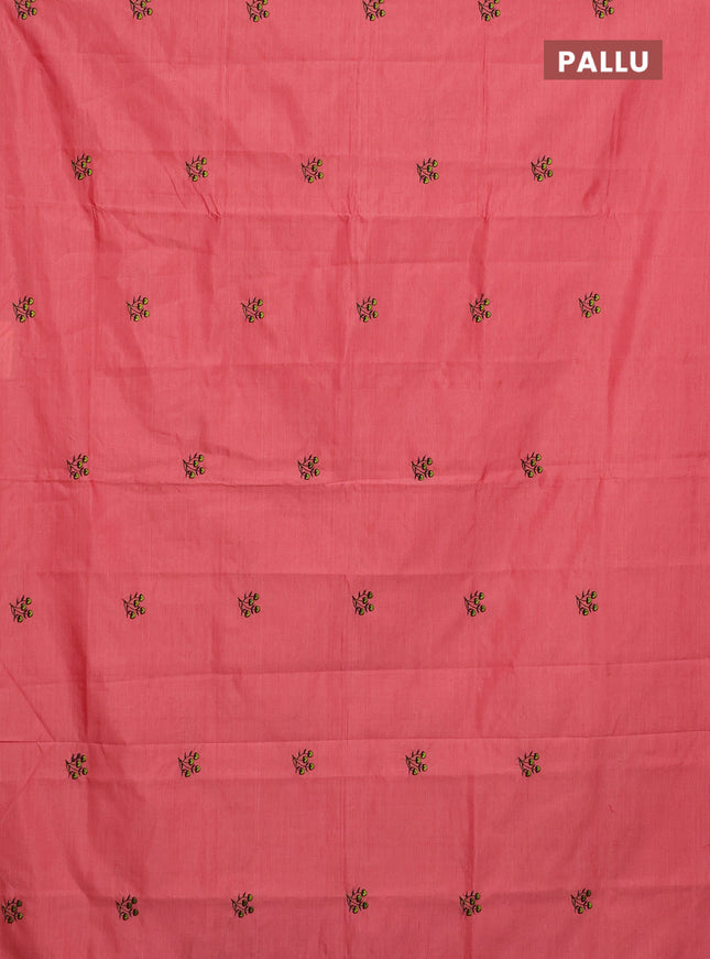 Semi silk cotton saree peach pink and black with embroided buttas in borderless style