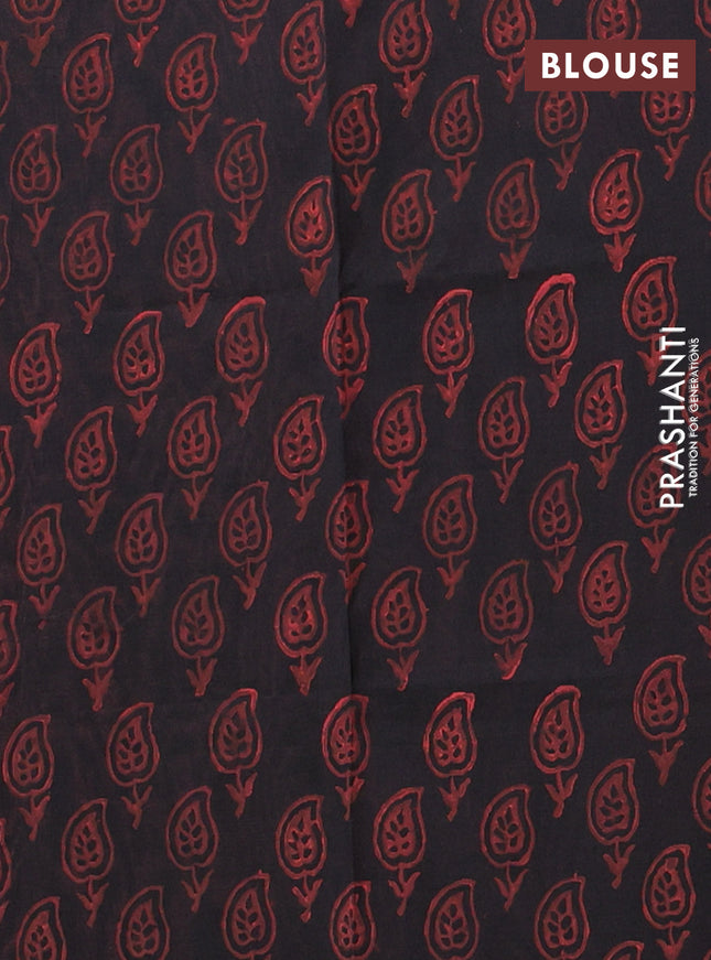 Semi silk cotton saree peach pink and black with embroided buttas in borderless style