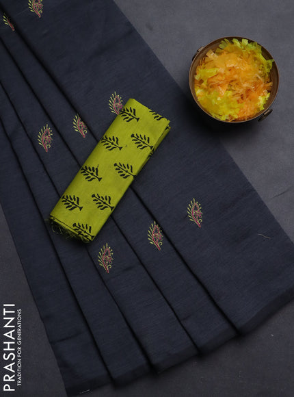 Semi silk cotton saree elephant grey and lime green with embroided buttas in borderless style