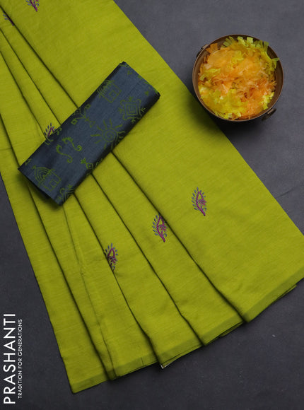 Semi silk cotton saree lime green and grey with embroided buttas in borderless style