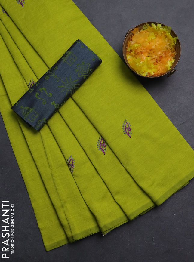 Semi silk cotton saree lime green and grey with embroided buttas in borderless style