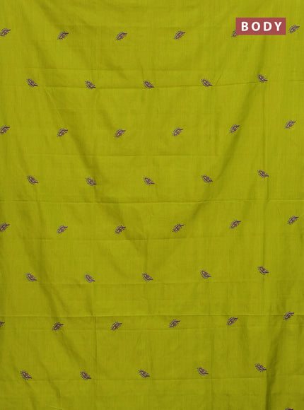 Semi silk cotton saree lime green and grey with embroided buttas in borderless style