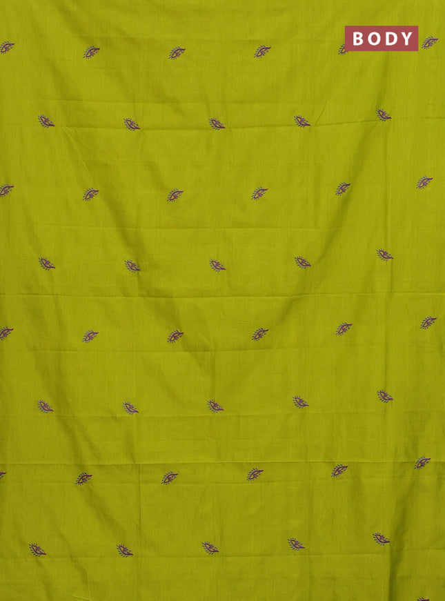 Semi silk cotton saree lime green and grey with embroided buttas in borderless style