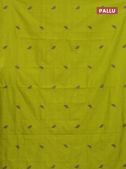 Semi silk cotton saree lime green and grey with embroided buttas in borderless style
