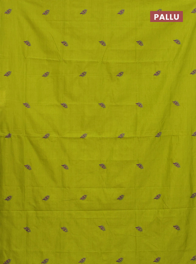 Semi silk cotton saree lime green and grey with embroided buttas in borderless style