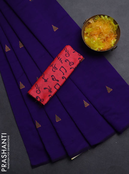 Semi silk cotton saree violet and peach pink with embroided buttas in borderless style