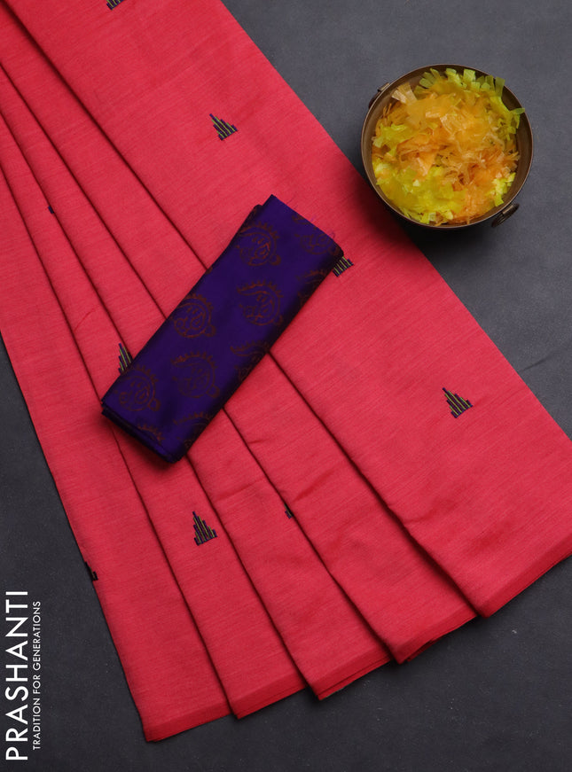 Semi silk cotton saree candy pink and blue with embroided buttas in borderless style