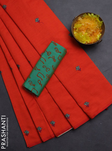 Semi silk cotton saree orange and teal green with embroided buttas in borderless style
