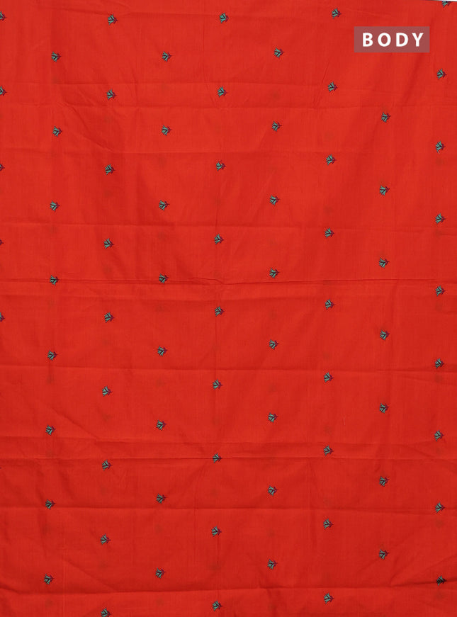 Semi silk cotton saree orange and teal green with embroided buttas in borderless style