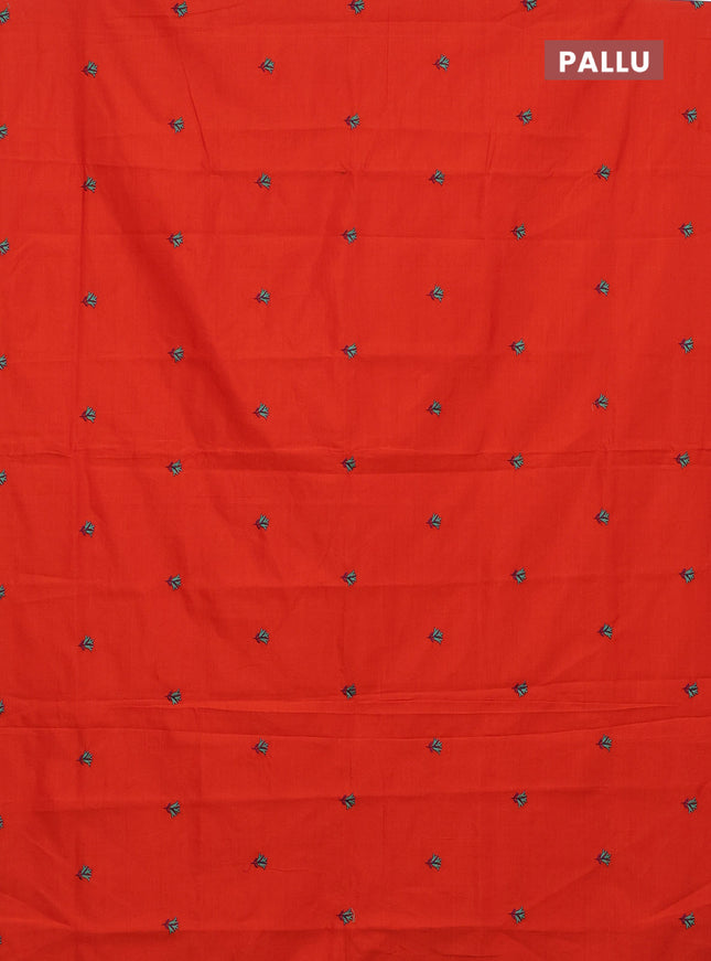 Semi silk cotton saree orange and teal green with embroided buttas in borderless style