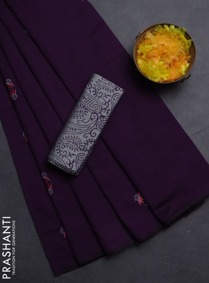 Semi silk cotton saree deep purple and grey with embroided buttas in borderless style
