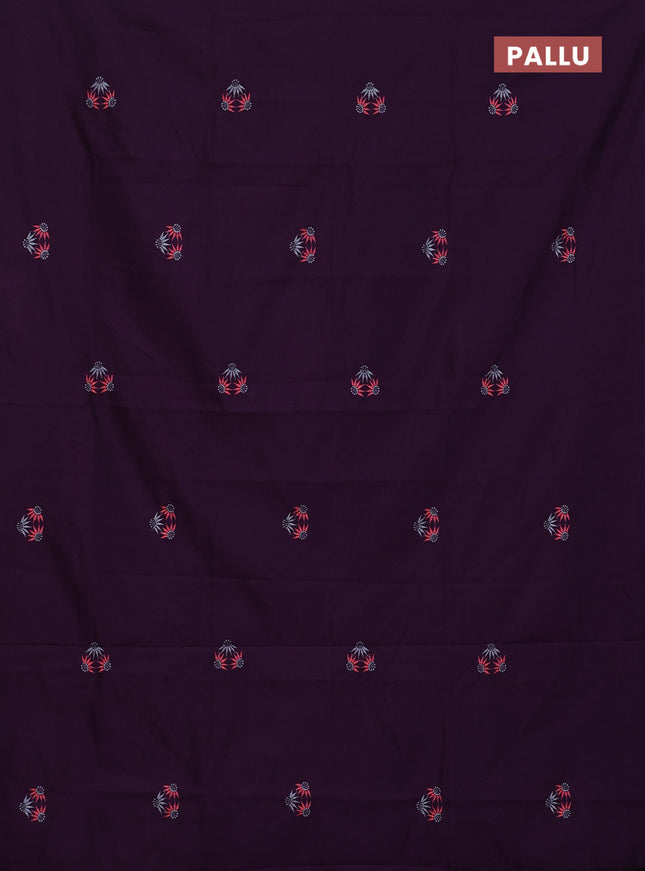 Semi silk cotton saree deep purple and grey with embroided buttas in borderless style