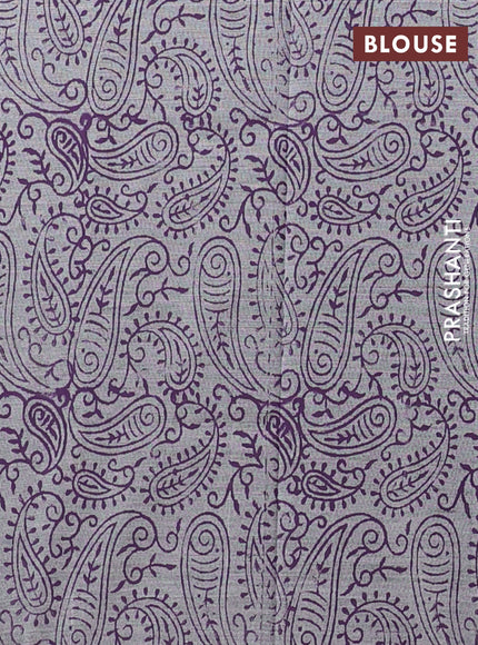 Semi silk cotton saree deep purple and grey with embroided buttas in borderless style